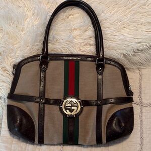 Gucci Tan and Dark Brown Tote with Green-Red Stripe